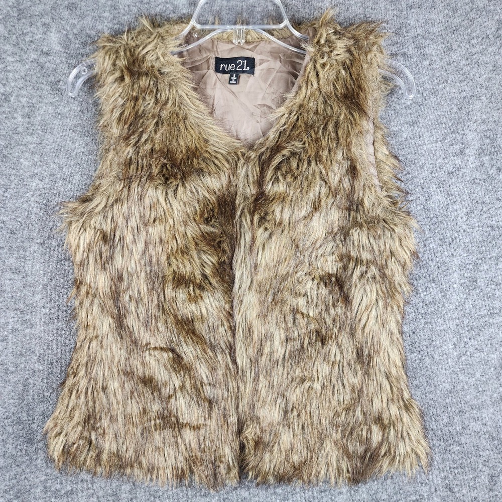 Rue 21 Faux Fur Vest Women Small Brown Shaggy Hook Eye Closure Boho Luxe